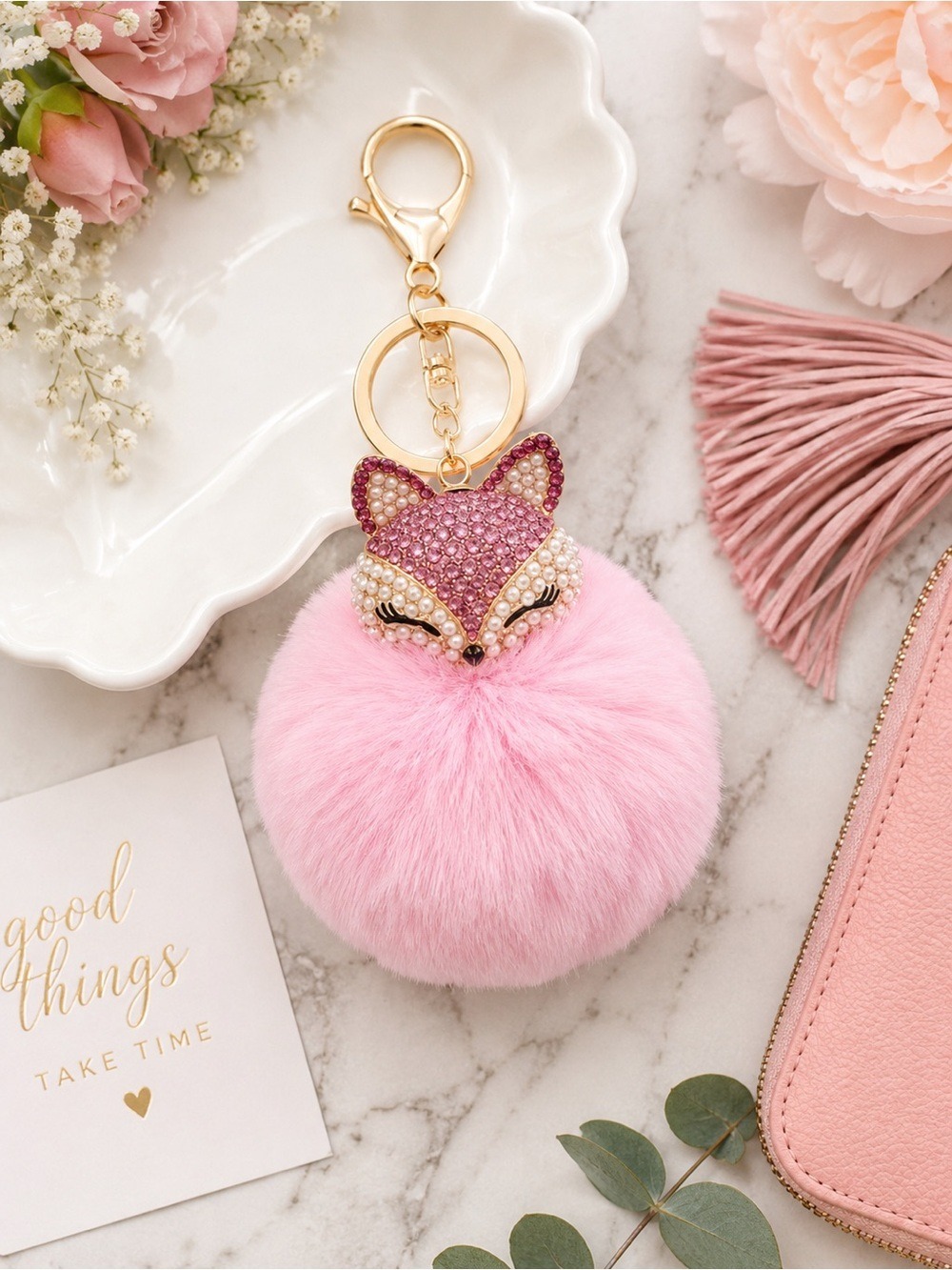 NEW Fluffy Fox Bag Charm Keychain Pom Pom Light Pink Pearl Rhinestone NWT
